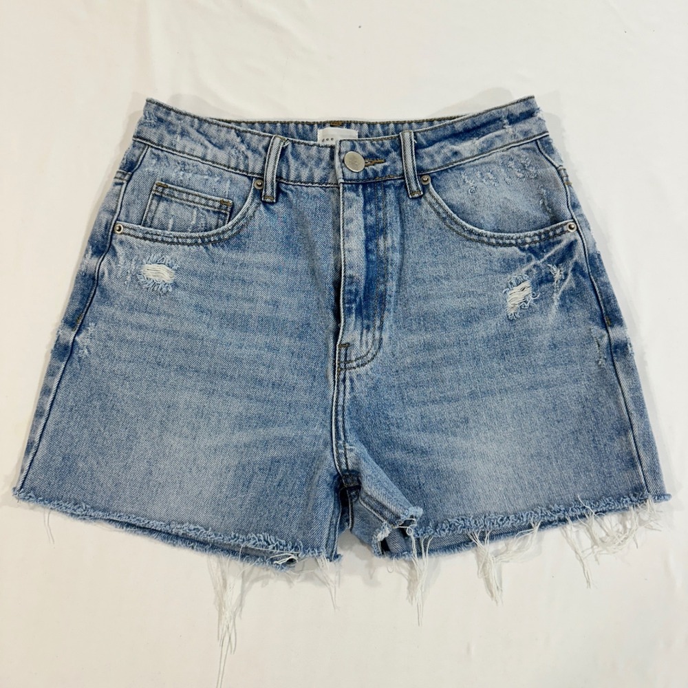Dee Elly Denim Shorts High Rise Womens L Blue 100% Cotton Distressed Raw Hem